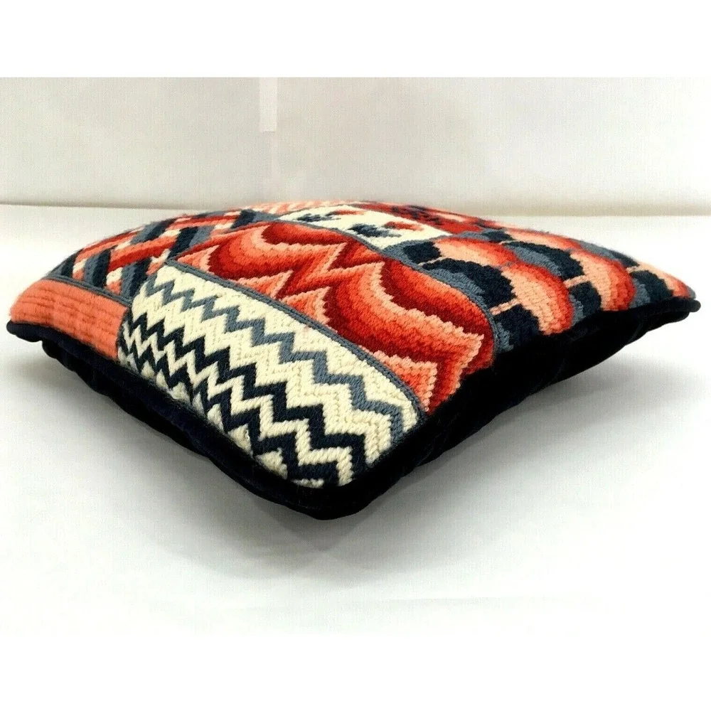 Vintage 1975 Needlepoint Pillow Square Sampler Style Floral Geometric‎ Blue Red